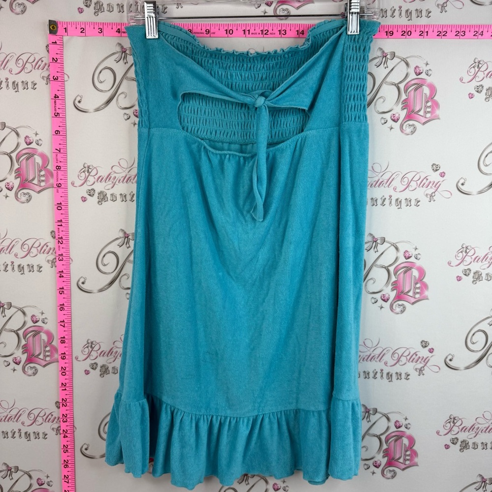 Dress terry cloth ruffle hem tie up back Smocked Waist Turquoise Tube Skirt - Picture 2 of 10